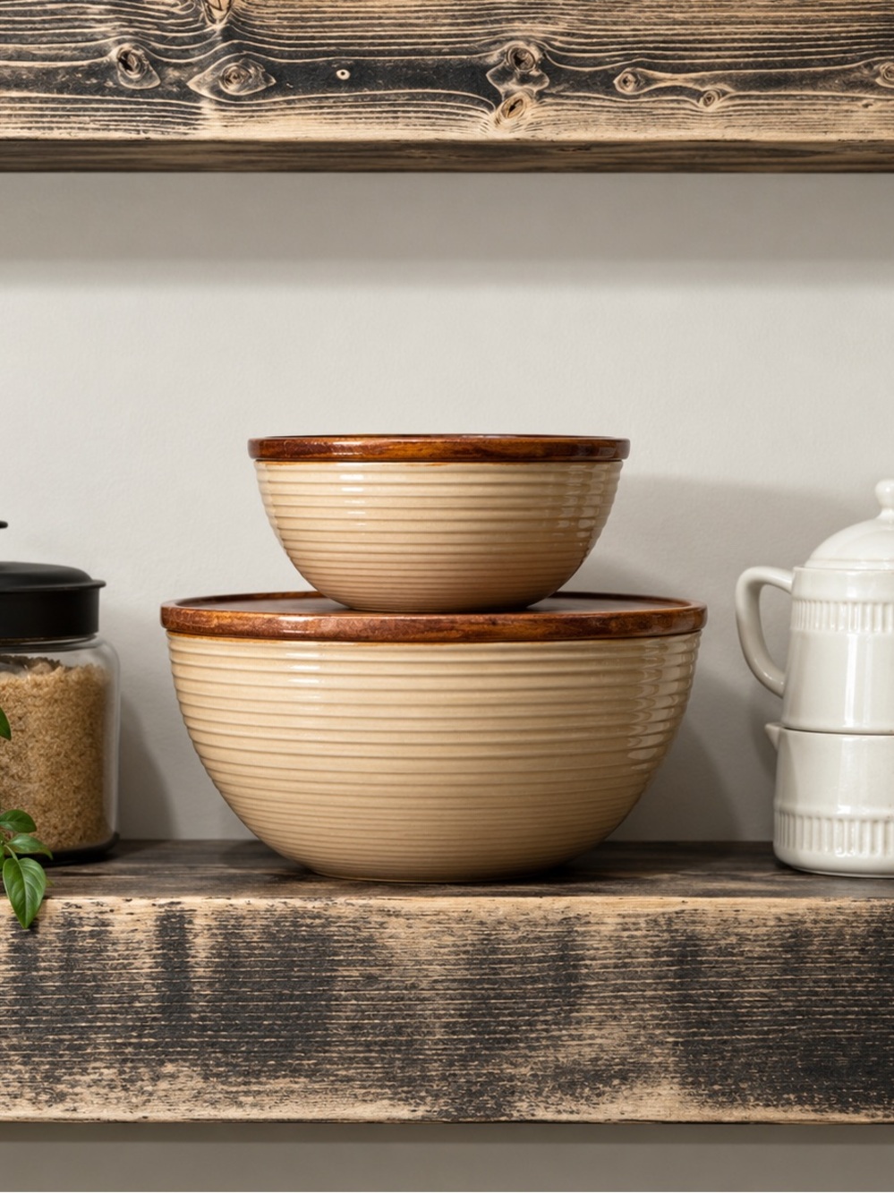 Hearth & Hand FALL Brown Tan Ribbed Stoneware Stacking Wood Mixing/Serving Bowls